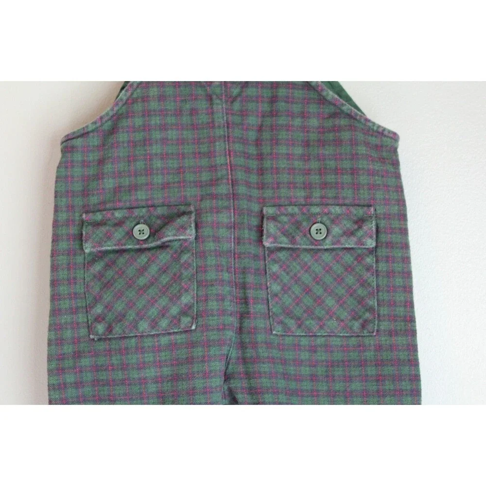 Vintage Starting Out Plaid Green Baby Overalls Size 9M 100% Cotton